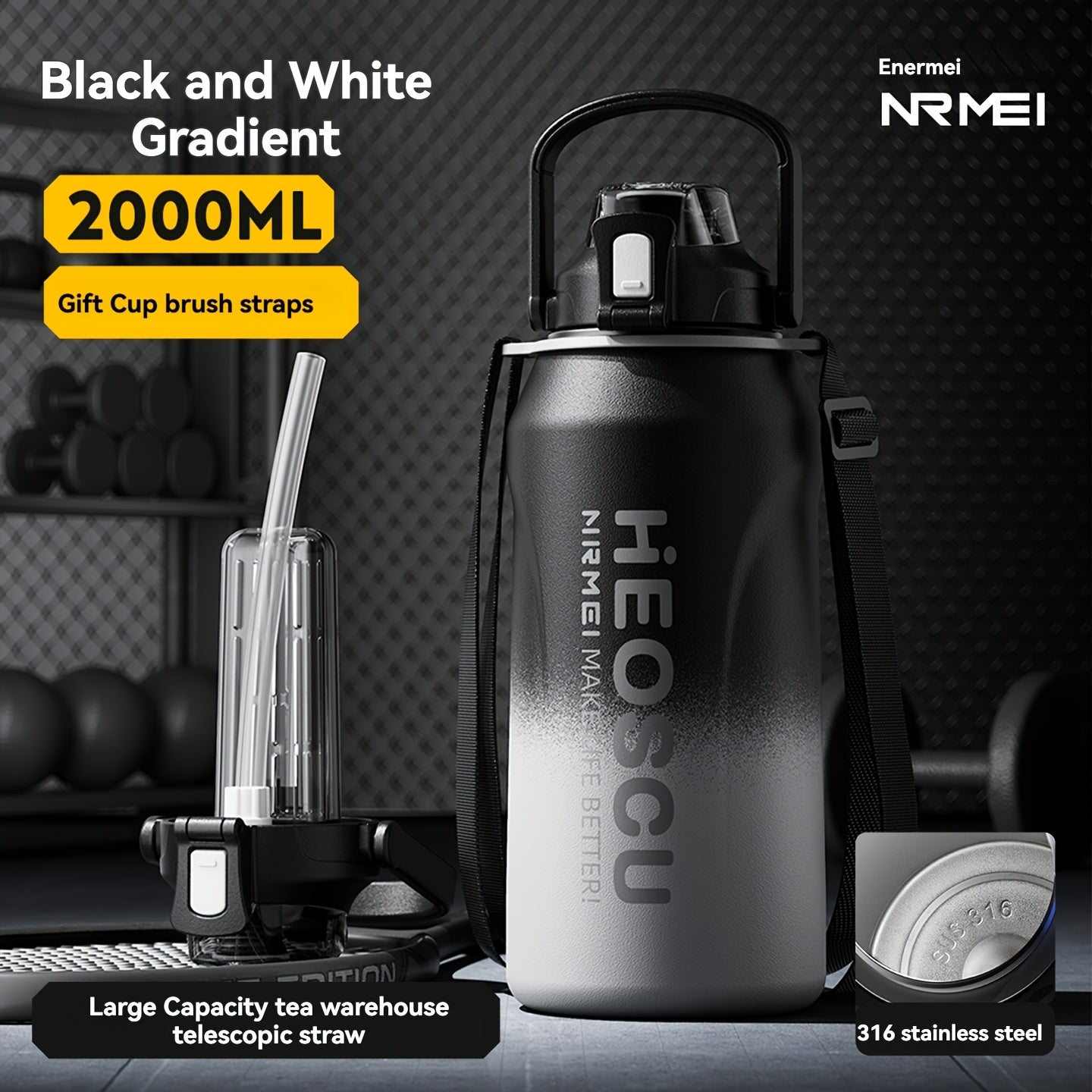 Garrafa térmica em aço inoxidável, mantém a temperatura quente ou fria durante 24 horas, com palhinha e pega/correia, caneca térmica de viagem com parede dupla, livre de BPA.