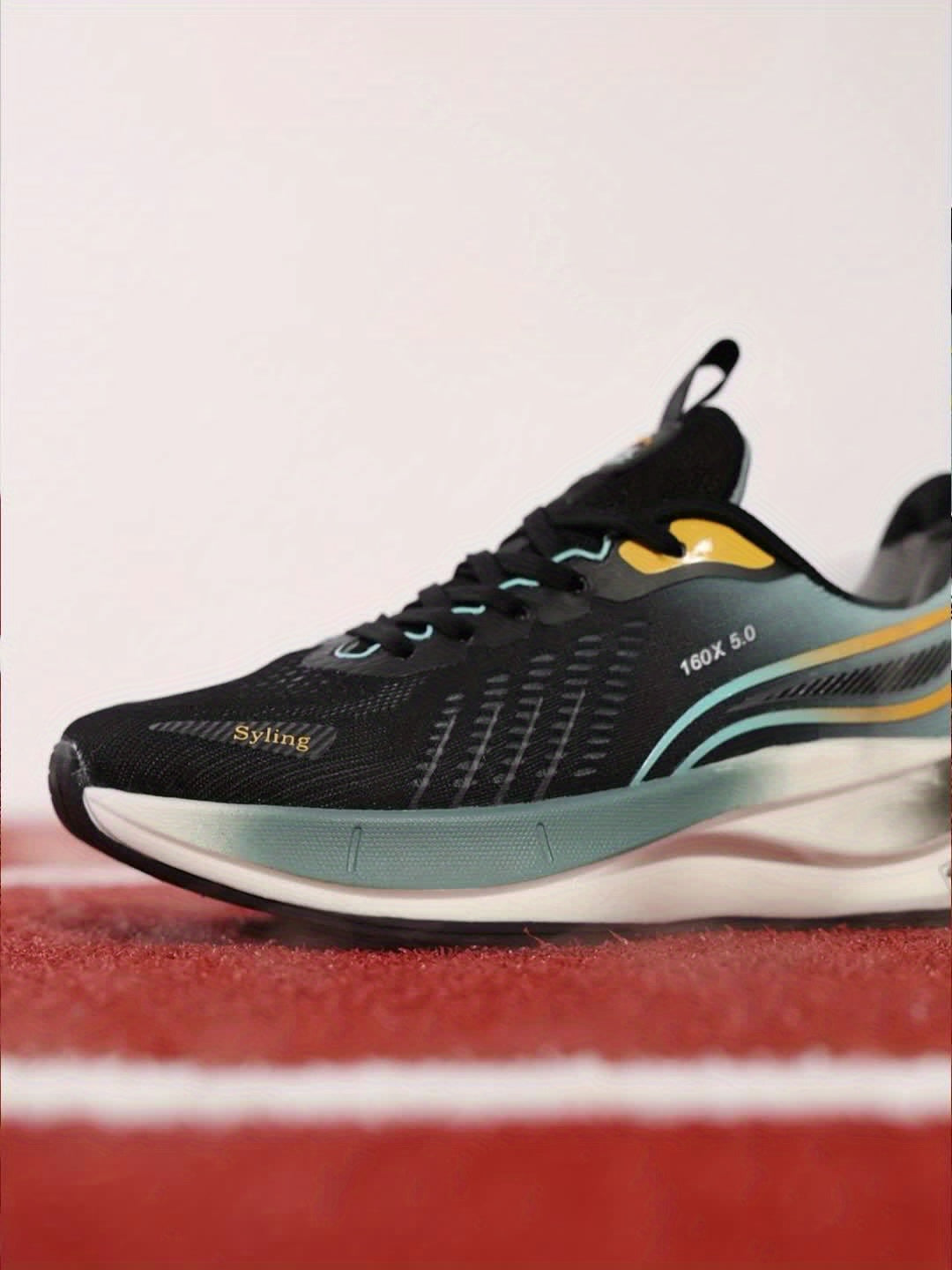 Men's mid-calf running shoes, breathable lightweight carbon plate, striped pattern, suitable for all seasons, lace-up closure, fabric upper and lining, rubber sole, MD outsole, cloth insoles, ideal for casual running, hiking,