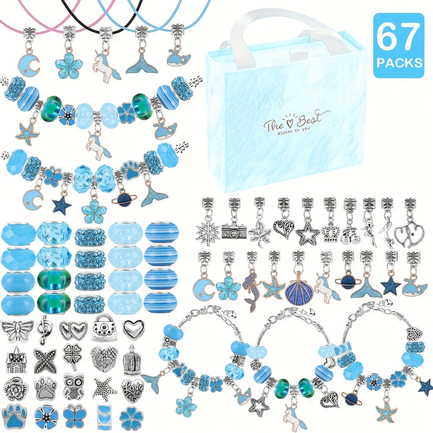 67-Piece DIY Charm Bracelet Bead Kit with Unicorn Mermaid Crafts, Includes 60 Charms, 3 Bracelets, and 3 Necklace Strands, Suitable for Birthday, Christmas, New Year's, Valentine's Day Gifts