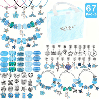 67-Piece DIY Charm Bracelet Bead Kit with Unicorn Mermaid Crafts, Includes 60 Charms, 3 Bracelets, and 3 Necklace Strands, Suitable for Birthday, Christmas, New Year's, Valentine's Day Gifts