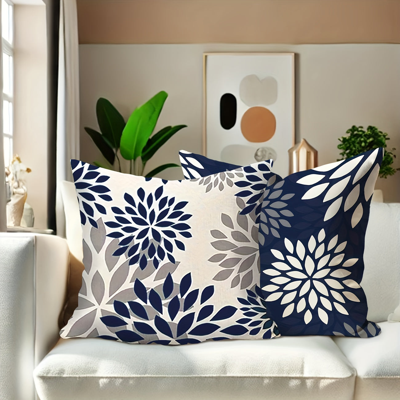 4pcs Modern Geometric & Floral Print Velvet Pillow Covers - Soft Blue & White, Zipper Closure, Machine Washable Polyester, Perfect for Living Room & Bedroom Decor - Includes 2 Large, 1 Medium, 1 Small, Decorative Pillows (No