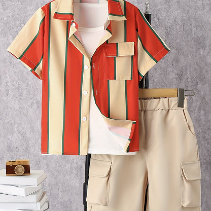 2pcs Boys Teen Casual Striped Short Sleeve Shirt &amp; Pocket Side Shorts Set Clothes For Summer