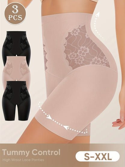 3pcs Women's Tummy Control High Fashion Underwear, Boxer Briefs, Breathable Lace Mesh Safety Pants for Summer and Leg Shaping, Seamless Tummy Underwear, High Waist Panties, Plus Size Women's Panties, High Wa