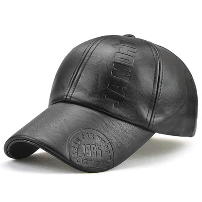 Men's High Quality PU Leather Baseball Cap with Adjustable Snap Closure - Embossed Vintage 1993 JAM Design, Black Casual Hat for Christmas & Outdoor Activities, Adjustable Baseball Cap