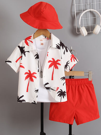 Boys' Summer Fashion Street Shirt Three-piece Set Only Selling Hats, Shirts and Shorts, Perfect for Outdoor