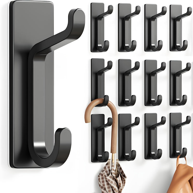 12pcs Self-Adhesive Hooks, Ultra-Strong Adhesive Hooks, Holds Up to 6kg, Heavy-Duty Wall Door Bar for Bathroom Shower Kitchen Towel Coat Hat Wallet, Black, 12-Pack