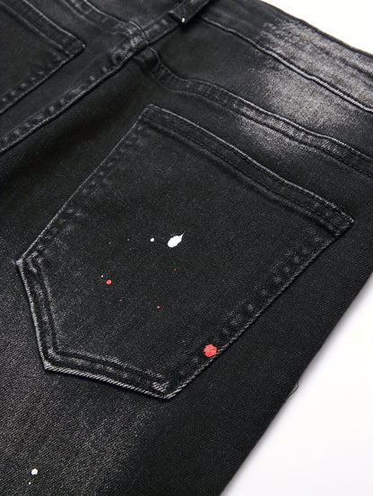 Patch Splatter Ripped Jeans, Men's Casual Street Style Distressed Slim Fit High Stretch Denim Pants For Spring Summer