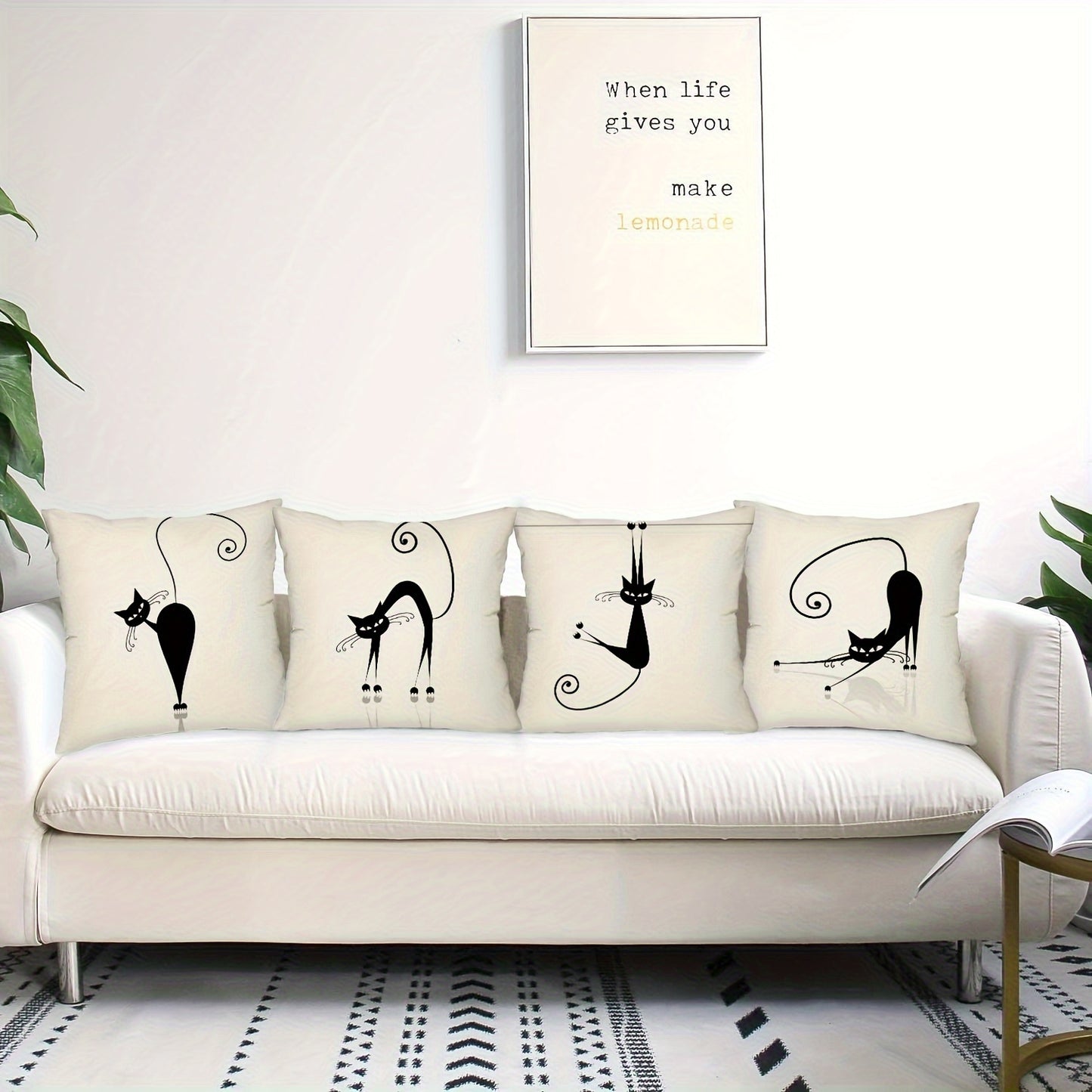 4pcs Playful Black Cat Throw Pillow Covers | Boho Chic Decorative Cushion Covers, 44.96x44.96 cm, Polyester with Zip Closure | Ideal for Sofa, Bedroom, Office & Farmhouse | Hand Washable, Paisley Pattern, Decorative Pillows