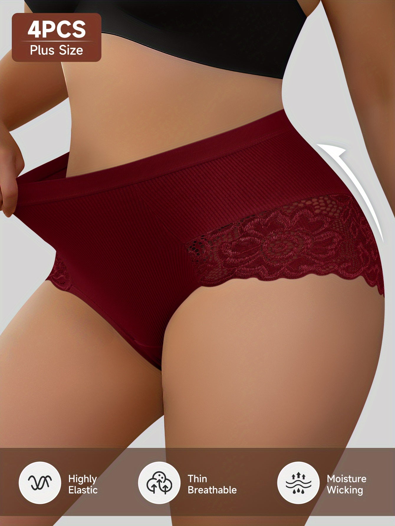 4pcs Women'S Plus Size High-Waisted Briefs - Tummy Control Butt Lifting Underwear with Seamless Wrap, Non-Slip Grip & Lifted Hipline - Stretchy Everyday & Special Occasion Panties - Burgundy/Beige/Black/ - QUASTI, Tummy Contr