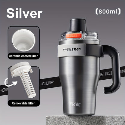 800ml/1200ml Large Capacity Ceramic Coating Liner Stainless Steel Cup Vacuum Keep Warm Cold Mug Cup with Straw Lid Handle for Coffee Coke Carbonated Beverages Ice Leakproof for School Office Outdoor Yoga sports, Travel Coffee