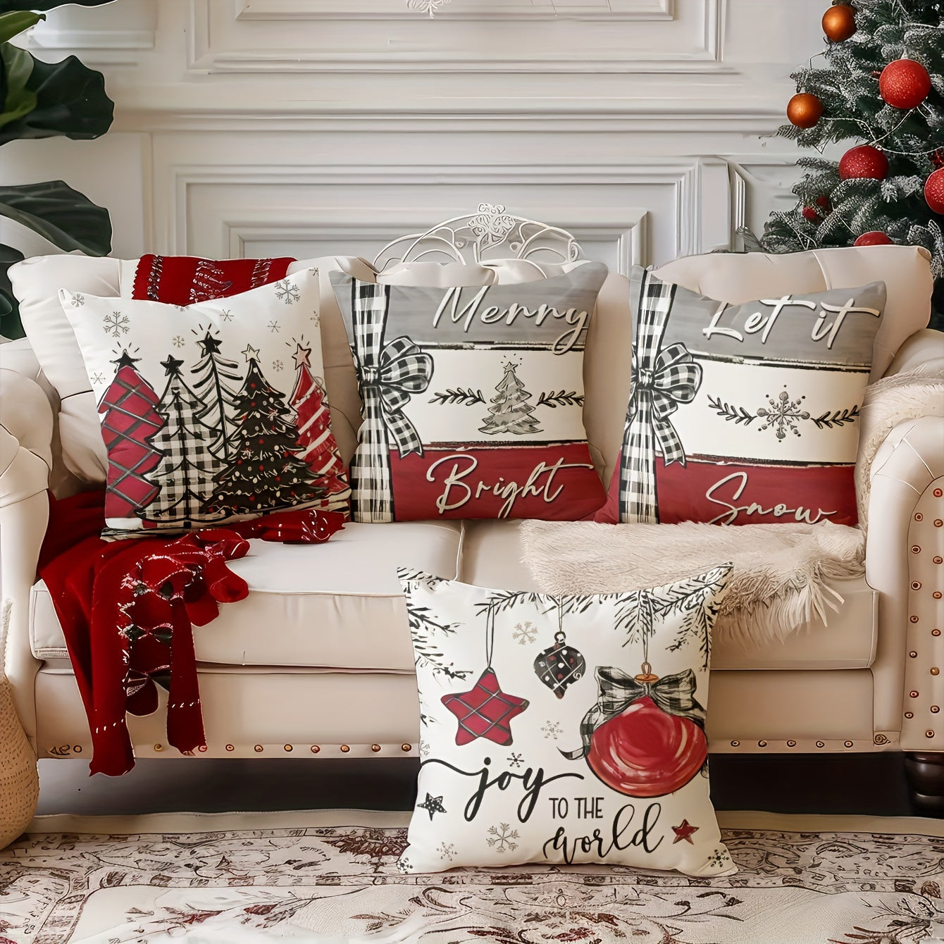 4pcs Festive Christmas Pillow Covers, 44.96cm x 44.96cm, Super Soft Polyester, Reversible Santa Claus & Reindeer Designs with Zip Closure - Ideal for Sofa, Living Room, Bedroom Decor (No Inserts), Christmas Pillow Covers