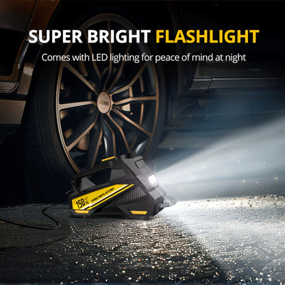 Inflador de pneus digital CaRSun, bomba de ar portátil com luz LED para automóveis, motos e bicicletas - DC 12V, 150 PSI, design preto e amarelo, alimentação por ficha, sem necessidade de bateria, insuflador de pneus de bicicleta | Porta elegante