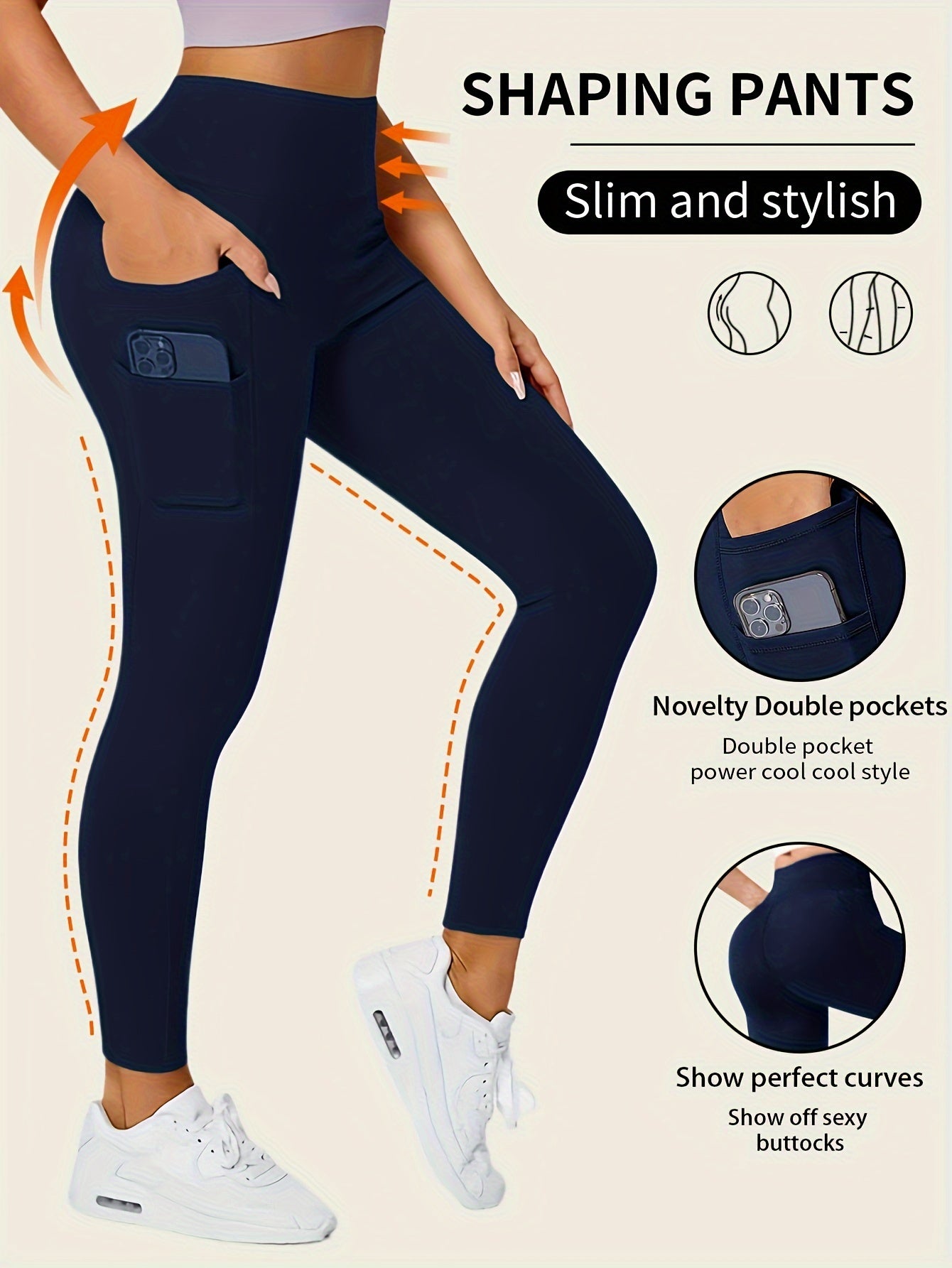 High-Waisted Leggings with Slim-Fit Double Pocket Design - Burgundy/Black/White/Navy Blue - All-Season Pants, Tummy Control & Butt-Lifting for,, Casual Wear - Hand Washable Stretchy Bottoms