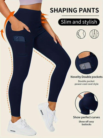 High-Waisted Leggings with Slim-Fit Double Pocket Design - Burgundy/Black/White/Navy Blue - All-Season Pants, Tummy Control & Butt-Lifting for,, Casual Wear - Hand Washable Stretchy Bottoms