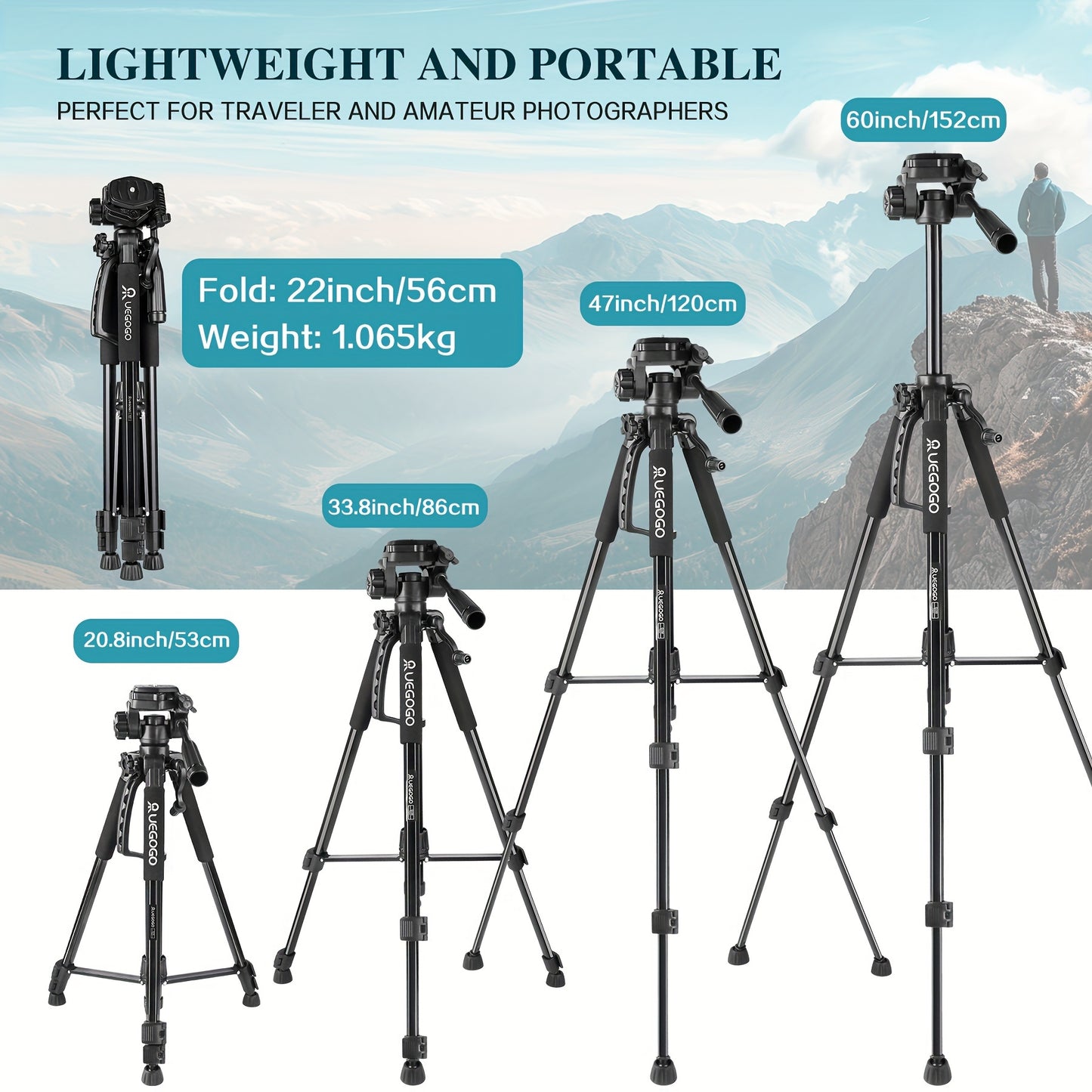 1pc UEGOGO 60-Inch Professional Aluminum Alloy Tripod Stand with Gimbal Head, Lightweight for Mirrorless Camera/DSLR/Camcorder/Cell Phone, Includes Storage Bag & Phone Clip