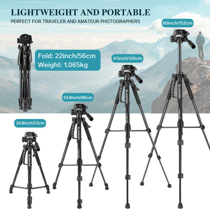 1pc UEGOGO 60-Inch Professional Aluminum Alloy Tripod Stand with Gimbal Head, Lightweight for Mirrorless Camera/DSLR/Camcorder/Cell Phone, Includes Storage Bag & Phone Clip