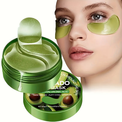 60pcs Avocado & Hyaluronic Acid Eye Masks - Intense Hydration & Brightening, Puffiness Reduction, Dark Circles & Wrinkles, Hypoallergenic for All Light Beige Types, Unisex Skincare, Avocado Eye Mask, Sleek Packaging, Natural
