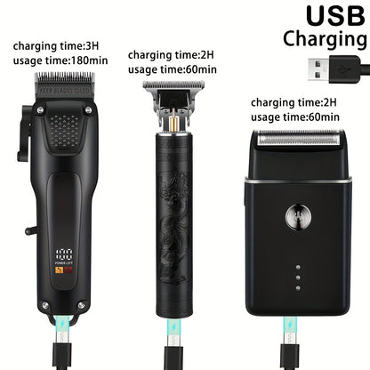 Kit de cuidados profissionais para cabelo e barba para homem com 3 peças - Máquina de cortar cabelo sem fios com visor LED, conjunto de aparador de precisão, recarregável via USB, para uso doméstico, presente perfeito para as festas de fim de ano.