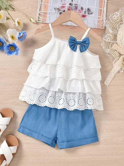 Cute Ruffle Lace Top & Check Shorts Two-Piece Set - White Blouse with Yellow Bow, Yellow & White Gingham Shorts, Perfect for Spring/Summer, Casual Playwear|Ruffle Detail Top|Nonstretch Fabric, for Outdoor
