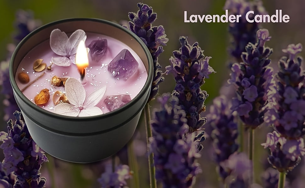 Elegant Lavender Scented Candle in Black Tin - Aesthetic Purple Crystals &amp; Petals Design, Soft Fragrance Natural Soy Wax - Ideal for Relaxation &amp; Home Decor, Perfect Women's Gift, Relaxation Candle|Spa Atmosphere Candle|Black