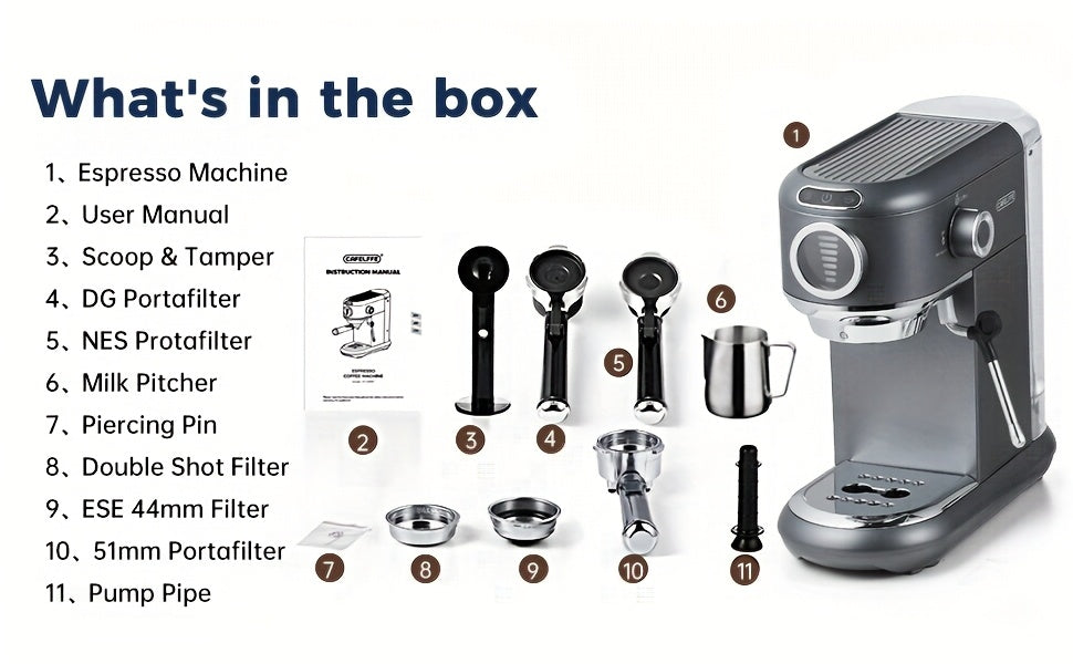 CAFELFFE Cold/Hot Semi-Automatic Espresso Machine, Stainless Steel Multi-Function Latte & Cappuccino Maker with Built-in Milk Frother/Steam Wand, Upgraded 7-Level Water Volume Control, Compatible with Ground Coffee & ESE Pods