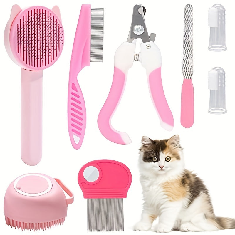 8pcs 5-in-1 Cat Grooming Kit with Self-Cleaning Brush, Nail Clippers, Comb, Shedding Brush, and Toothbrush - Keep Your Feline Friend Clean, Healthy, and Happy