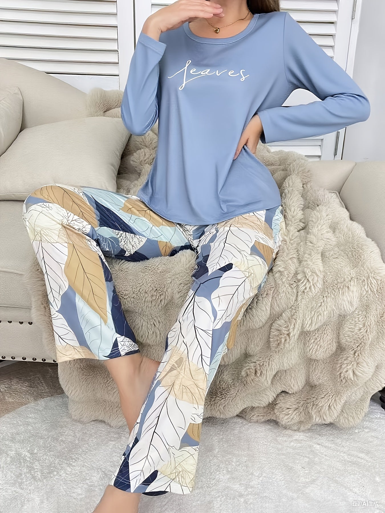 Autumn and Winter Women's Casual Versatile Elegant Letter Print Round Neck Long Sleeve Top and Pants Floral Printed Pajama Set