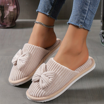 Cute Bowknot Soft Sole Fuzzy Slippers, Winter Cozy &amp; Warm Slip On Plush Shoes, Comfy Closed Toe Home Slippers