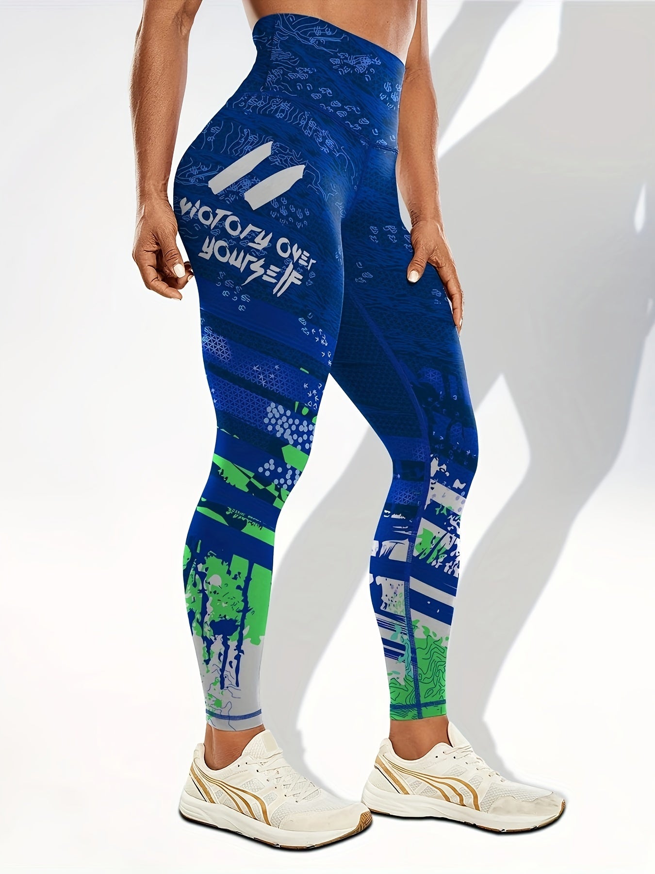 Women's Fashion Color Block Splash Print Yoga Pants, Striped Print Breathable Stretchy Butt Lifting Yoga Workout Running Sports Leggings, Women's Activewear