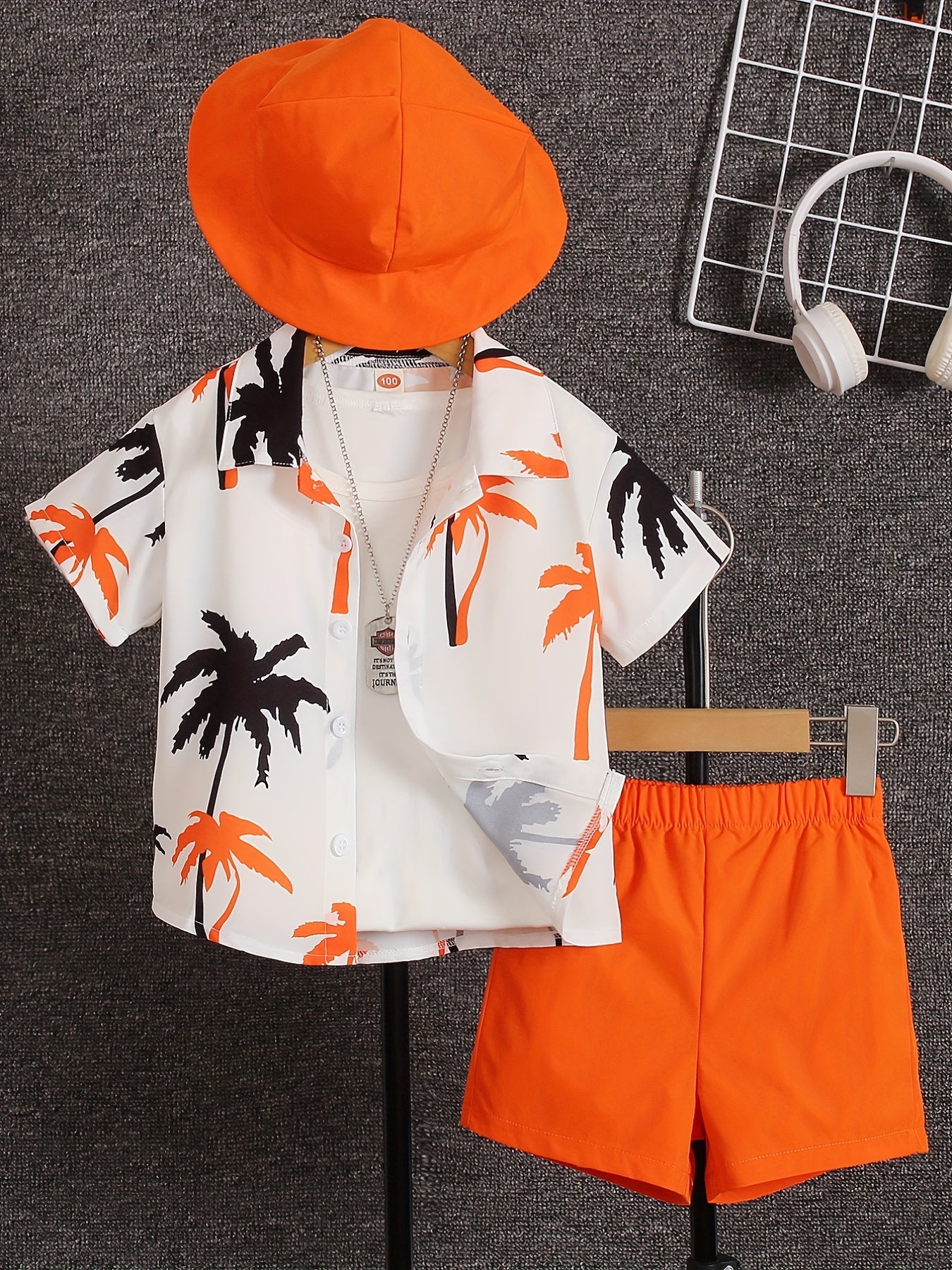Boys' Summer Fashion Street Shirt Three-piece Set Only Selling Hats, Shirts and Shorts, Perfect for Outdoor