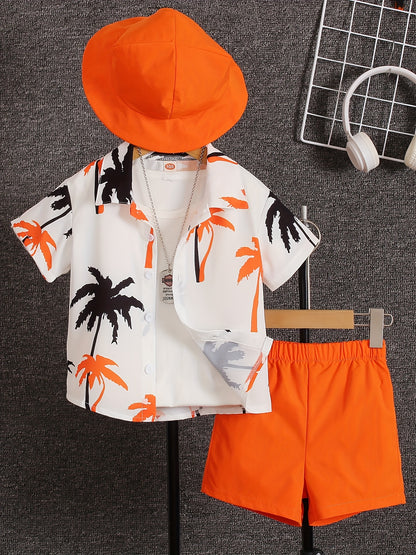 Boys' Summer Fashion Street Shirt Three-piece Set Only Selling Hats, Shirts and Shorts, Perfect for Outdoor