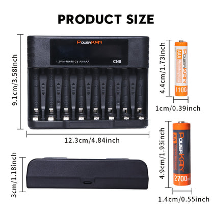 POWERKAN kit (battery + charger), 1.2V NiMH rechargeable AA and AAA batteries + CN8 charger, AA/AAA rechargeable and reusable, suitable for remote controls, alarm clocks, microphones and other household essential electronic d