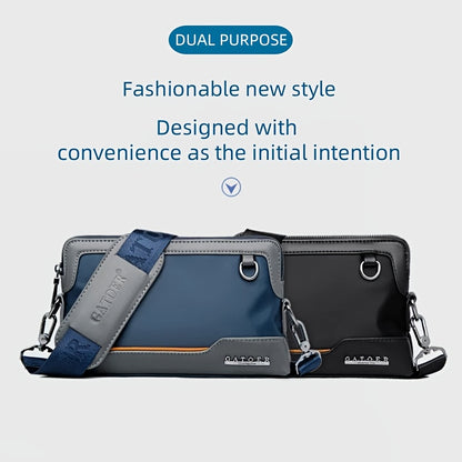 Men's Luxury Multi-Functional Handbag & Wallet in One - Dark Navy Blue/Black with Golden-Tone Hardware, Soft Silky Texture, Golden-Tone Hardware, Zipper Closure & Detachable Strap - Travel, Commute, Formal & Everyday Use - Id