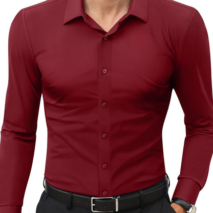 Camisola de homem de manga comprida com corte slim - 55% algodão, 40% poliéster, 5% elastano, cor lisa, para todas as estações, tecido plano, fecho com botões, gola de lapela, ideal para o fim de semana, 125 g/m²