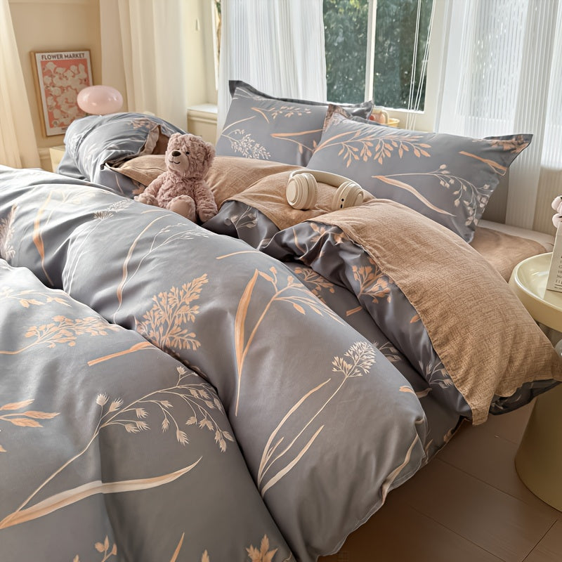 4pcs Soft & Comfortable Plant Print Bedding Set, Duvet Cover, Flat Sheet & 2 Pillowcases (No Fillers), All-Season Polyester with Zipper Closure, Machine Washable, Breathable & Fade-Proof Fabric, Perfect for Bedroom Dorm Guest
