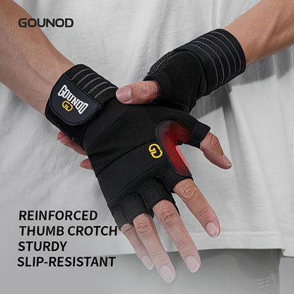 1 Pair GOUNOD Weightlifting Gloves - Reinforced Thumb Crotch, Sturdy Slip-Resistant Design, Adjustable Hook-and-Loop Closure, Black with Yellow Accents for Fitness, Sports & Bodybuilding, Weightlifting Accessories, Sports Han