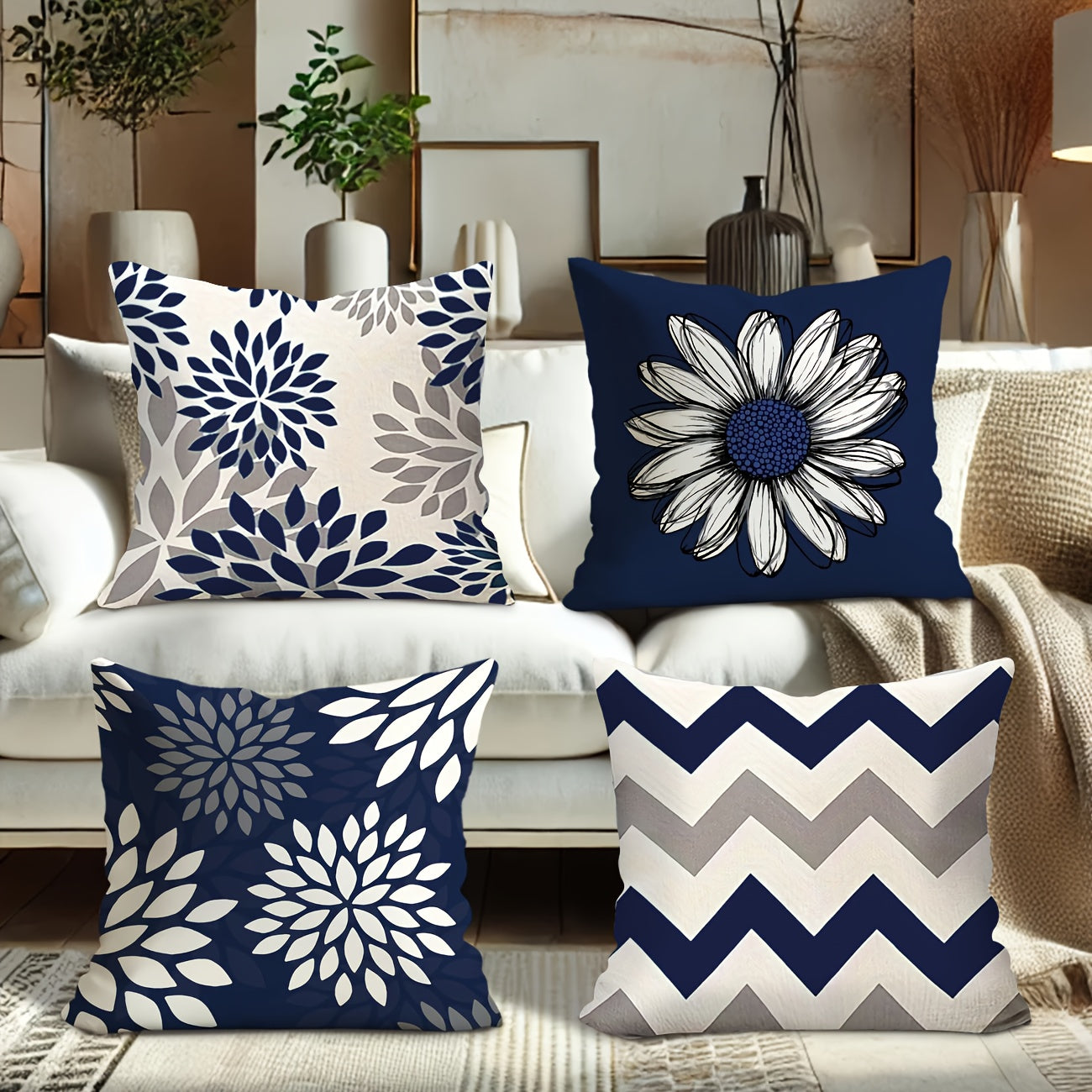 4pcs Modern Geometric & Floral Print Velvet Pillow Covers - Soft Blue & White, Zipper Closure, Machine Washable Polyester, Perfect for Living Room & Bedroom Decor - Includes 2 Large, 1 Medium, 1 Small, Decorative Pillows (No