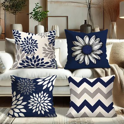 4pcs Modern Geometric & Floral Print Velvet Pillow Covers - Soft Blue & White, Zipper Closure, Machine Washable Polyester, Perfect for Living Room & Bedroom Decor - Includes 2 Large, 1 Medium, 1 Small, Decorative Pillows (No