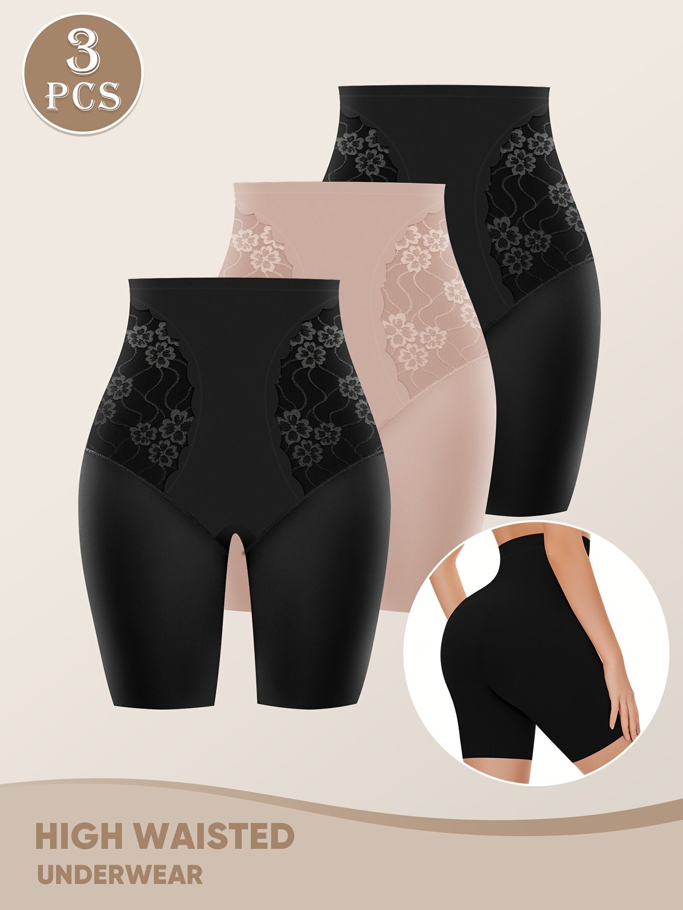 3pcs Women's Tummy Control High Fashion Underwear, Boxer Briefs, Breathable Lace Mesh Safety Pants for Summer and Leg Shaping, Seamless Tummy Underwear, High Waist Panties, Plus Size Women's Panties, High Wa