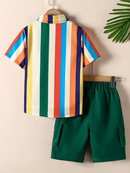 2pcs Boys Teen Casual Striped Short Sleeve Shirt &amp; Pocket Side Shorts Set Clothes For Summer