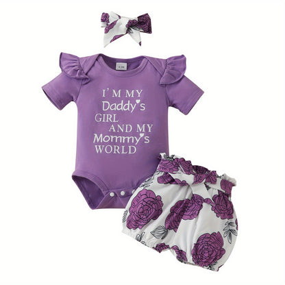 3pcs Short Sleeve &amp; Shorts Set for Newborns - "I'm Daddy's Girl" Letter Print Pants and Headband, Mommy's World Alphabet Kids' Outfit, Perfect for Outdoor