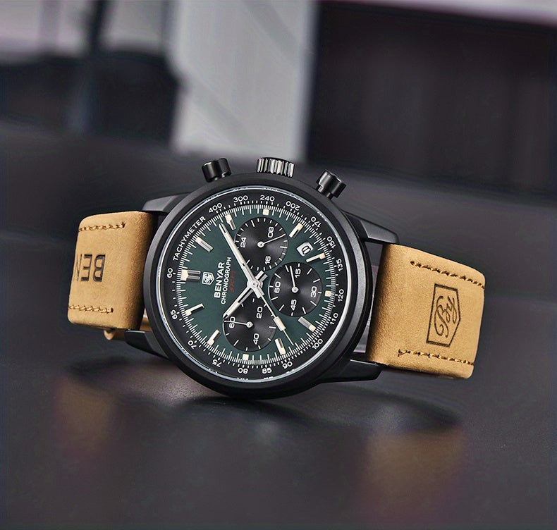 BENYAR Top Brand Men's Watches Sport For Men Multifunction Chronograph Black Fashion Quartz Wristwatches Calendar With Leather Strap