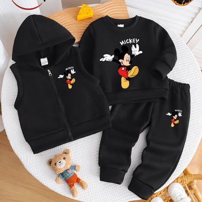 Boys' Autumn/Winter New Three-Piece Set with Mickey Mouse Classic Cartoon Print Long-Sleeve Round Neck Hoodie and Zip-Up Sleeveless Top, Matching Printed Sweatpants - Fleece-Lined Thickened Warm Comfortable Outfit for Parties