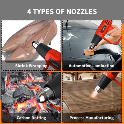 Heat Gun 2000W, Professional Electric Hot Air Gun Dual Temperature Settings 60C-600C and Overload Protection with 4 Nozzles, for Shrinking PVC, Crafts, Paint Stripping, Car Film, Embossing