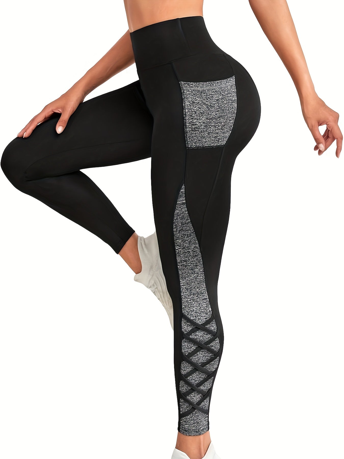 Women'S Plus Size High-Waisted Yoga Leggings with Pockets - Stretchy, Non-Sheer, Color-Block Design, Effect, All-Season Activewear, Casual Wear|Sporty Look|Stretchy Fabric
