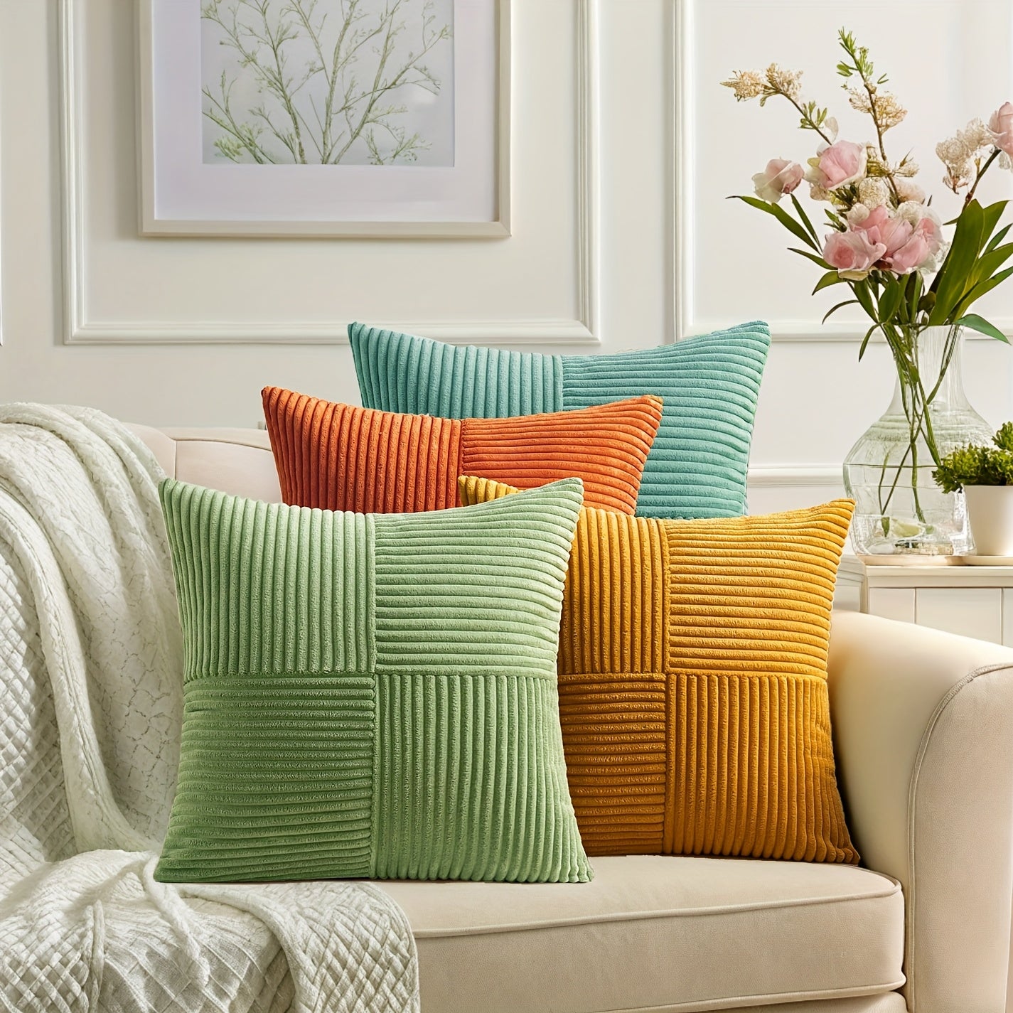 4pcs Bohemian Style Patchwork Textured Gradient Throw Pillow Covers, 30.48cm*50.8cm, 45.72cm*45.72cm, Soft Corduroy Decor Cushion Covers in Green, Orange, Teal, Yellow, Zip Closure, Hand Wash Only, Polyester Fiber, Farmhouse