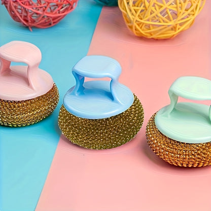 1pc Stainless steel cleaning brush with ergonomic handle - Reusable scouring ball, suitable for pots, kitchens, bathrooms, floors and outdoor use - Durable plastic and metal bristles, 1-4pcs, multi-functional scouring ball