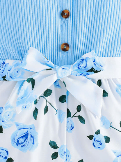 Girls' Summer Casual Floral Print Off-Shoulder Jumpsuit with Adjustable Waist Belt - Lightweight Breathable Shorts for Outdoor Play & Daily Wear, Blue & White Flower Design, Perfect for Weekend Outings, Cute Outfits for Girls