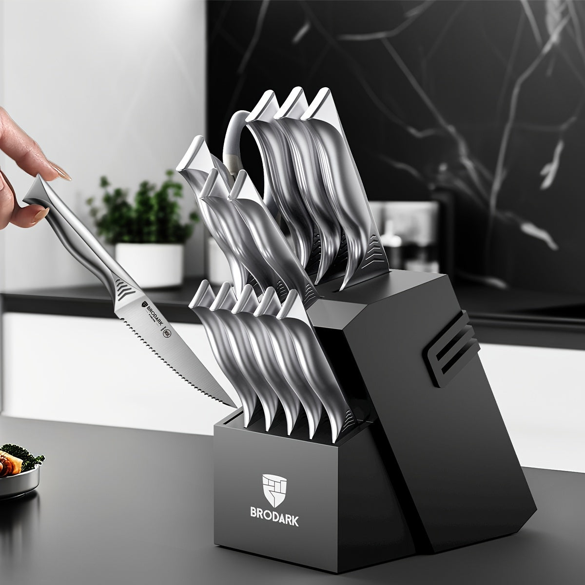 Brodark Kitchen Knife Set With Block, 15pcs Knife Block Set With Built-in Sharpener, Stainless Steel Knives Set For Kitchen, NSF Certified Kitchen Knives, Shark Series