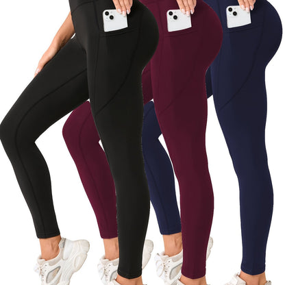 3pcs High-Waist Yoga Leggings with Pockets - Tummy Control, Slimming Effect, Stretchy & Breathable Fabric, Black/Brown/Gray, Perfect for Yoga & Casual Attire